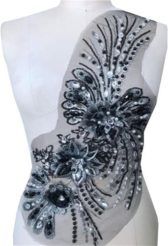 Applikation, Vintage-Blütenmotiv, Perlen-Strass-Stickerei, Blumen-Spitzen-Applikation for lateinamerikanische Tanzkostüme(Black) von dvegGEE