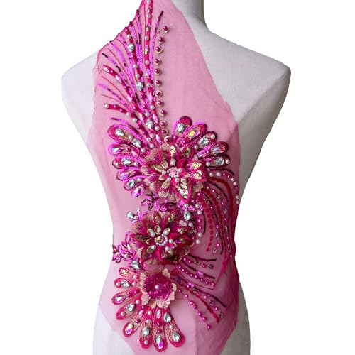 Applikation, Vintage-Blütenmotiv, Perlen-Strass-Stickerei, Blumen-Spitzen-Applikation for lateinamerikanische Tanzkostüme(Fuschia) von dvegGEE