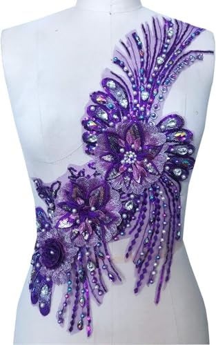 Applikation, Vintage-Blütenmotiv, Perlen-Strass-Stickerei, Blumen-Spitzen-Applikation for lateinamerikanische Tanzkostüme(Purple) von dvegGEE