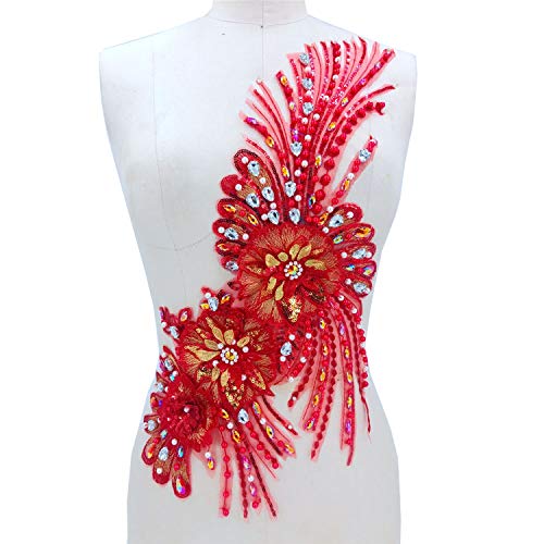 Applikation, Vintage-Blütenmotiv, Perlen-Strass-Stickerei, Blumen-Spitzen-Applikation for lateinamerikanische Tanzkostüme(Red) von dvegGEE
