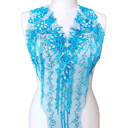 Applikation, atemberaubende Perlen-Spitzen-Applikation, Stickerei, Blumen-Strass, Mieder, Spitzenaufnäher for Braut, Ballkleid, Abendkleid(Blue,A) von dvegGEE