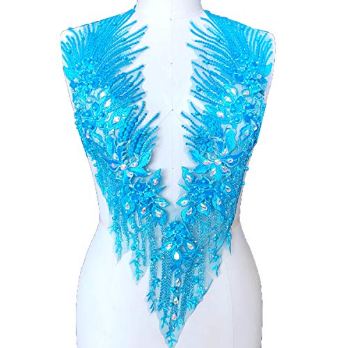 Applikation, atemberaubende Perlen-Spitzen-Applikation, Stickerei, Blumen-Strass, Mieder, Spitzenaufnäher for Braut, Ballkleid, Abendkleid(Blue,B) von dvegGEE