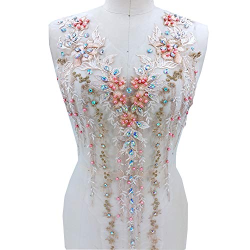 Applikation, atemberaubende Perlen-Spitzen-Applikation, Stickerei, Blumen-Strass, Mieder, Spitzenaufnäher for Braut, Ballkleid, Abendkleid(Colorful,A) von dvegGEE