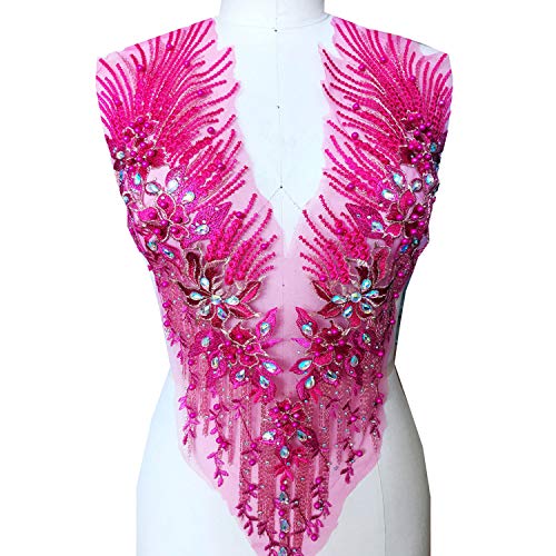 Applikation, atemberaubende Perlen-Spitzen-Applikation, Stickerei, Blumen-Strass, Mieder, Spitzenaufnäher for Braut, Ballkleid, Abendkleid(Fuchsia,B) von dvegGEE