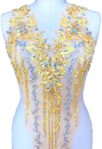 Applikation, atemberaubende Perlen-Spitzen-Applikation, Stickerei, Blumen-Strass, Mieder, Spitzenaufnäher for Braut, Ballkleid, Abendkleid(Gold,A) von dvegGEE