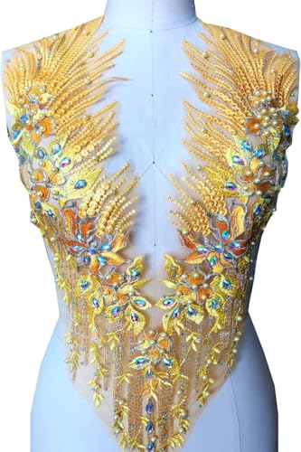 Applikation, atemberaubende Perlen-Spitzen-Applikation, Stickerei, Blumen-Strass, Mieder, Spitzenaufnäher for Braut, Ballkleid, Abendkleid(Gold,B) von dvegGEE