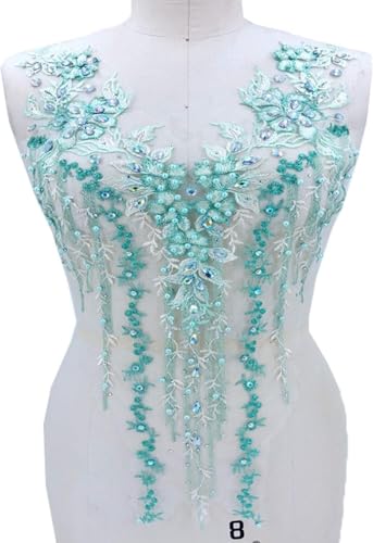 Applikation, atemberaubende Perlen-Spitzen-Applikation, Stickerei, Blumen-Strass, Mieder, Spitzenaufnäher for Braut, Ballkleid, Abendkleid(Mint,A) von dvegGEE
