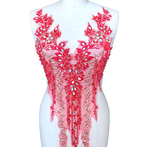 Applikation, atemberaubende Perlen-Spitzen-Applikation, Stickerei, Blumen-Strass, Mieder, Spitzenaufnäher for Braut, Ballkleid, Abendkleid(Red,A) von dvegGEE