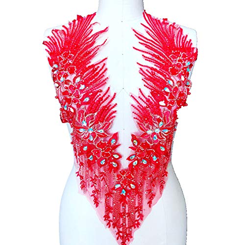 Applikation, atemberaubende Perlen-Spitzen-Applikation, Stickerei, Blumen-Strass, Mieder, Spitzenaufnäher for Braut, Ballkleid, Abendkleid(Red,B) von dvegGEE