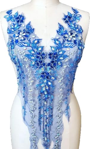 Applikation, atemberaubende Perlen-Spitzen-Applikation, Stickerei, Blumen-Strass, Mieder, Spitzenaufnäher for Braut, Ballkleid, Abendkleid(Sapphire,A) von dvegGEE