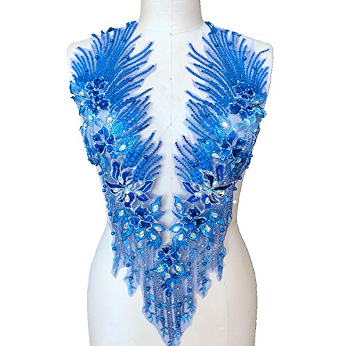 Applikation, atemberaubende Perlen-Spitzen-Applikation, Stickerei, Blumen-Strass, Mieder, Spitzenaufnäher for Braut, Ballkleid, Abendkleid(Sapphire,B) von dvegGEE