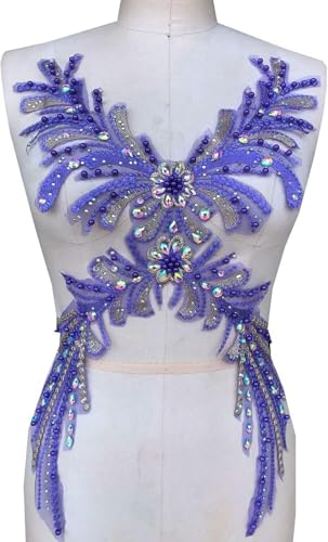Applikation, bunte Strass-Spitzen-Applikationen, Perlenstickerei, Blumenaufnäher, luxuriöser Aufnäher for Partykleider, Brautkleider(Purple) von dvegGEE