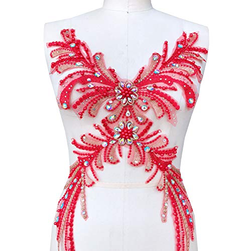 Applikation, bunte Strass-Spitzen-Applikationen, Perlenstickerei, Blumenaufnäher, luxuriöser Aufnäher for Partykleider, Brautkleider(Red) von dvegGEE