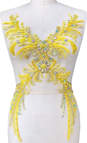 Applikation, bunte Strass-Spitzen-Applikationen, Perlenstickerei, Blumenaufnäher, luxuriöser Aufnäher for Partykleider, Brautkleider(Yellow) von dvegGEE