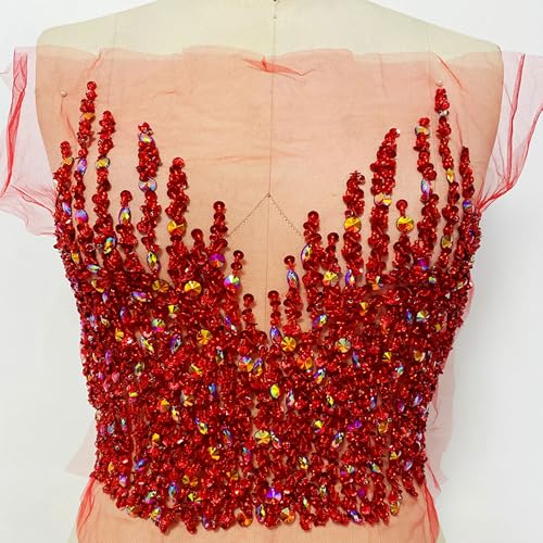 Applikation, funkelnde Spitzenapplikation mit Perlen, tiefer V-Ausschnitt, mit Pailletten verziert for Hochzeitskleid, Mieder, Kostüme, Farbe Rot(Red) von dvegGEE