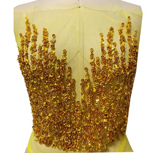 Applikation, funkelnde Spitzenapplikation mit Perlen, tiefer V-Ausschnitt, mit Pailletten verziert for Hochzeitskleid, Mieder, Kostüme, Farbe Rot(Yellow) von dvegGEE
