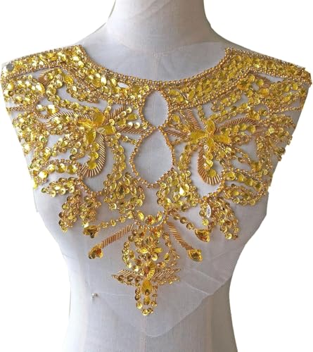 Applikation, goldfarbene Perlen-Kragen-Applikation, Acryl-Strass-Spitzen-Aufnäher for Kostüme, Kleidungsstücke(Gold) von dvegGEE