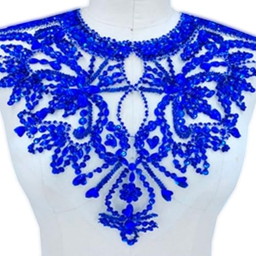 Applikation, goldfarbene Perlen-Kragen-Applikation, Acryl-Strass-Spitzen-Aufnäher for Kostüme, Kleidungsstücke(Sapphire) von dvegGEE