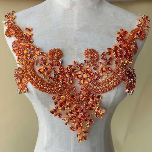Applikation, tiefe V-Form, Perlenapplikation, Strass-Aufnäher, Ausschnitt verziert for Kostüme, Kleider(Orange) von dvegGEE
