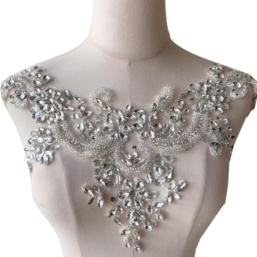 Applikation, tiefe V-Form, Perlenapplikation, Strass-Aufnäher, Ausschnitt verziert for Kostüme, Kleider(Silver) von dvegGEE