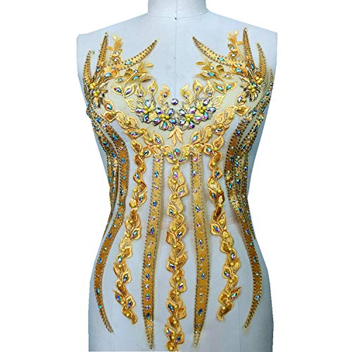 Applikation, zarte Perlenapplikationen am Mieder, Stickerei, Blumenaufnäher, buntes Strass-Spitzenmotiv for Ballkleid-Abendparty-Kostüme(Gold) von dvegGEE