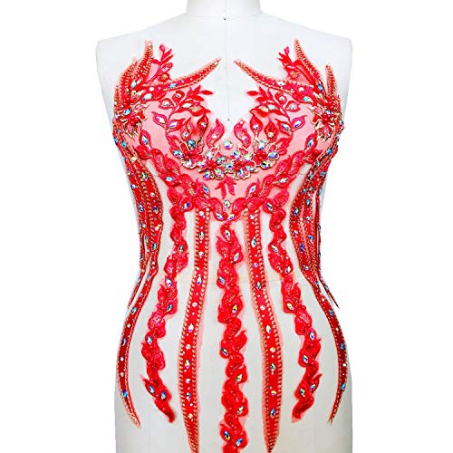 Applikation, zarte Perlenapplikationen am Mieder, Stickerei, Blumenaufnäher, buntes Strass-Spitzenmotiv for Ballkleid-Abendparty-Kostüme(Red) von dvegGEE