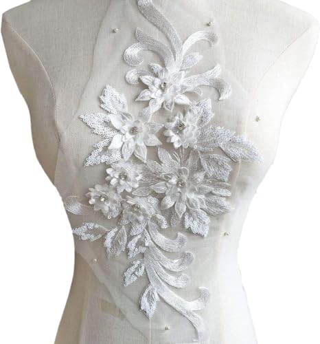 Kleider-Applikation, exquisite 3D-Blumen-Applikation, mit Perlen und Pailletten besetztes Blumen-Aufnäher-Motiv for Aufnähen auf Tanzkostüme, Abendkleider, blasse Applikation(Off White) von dvegGEE
