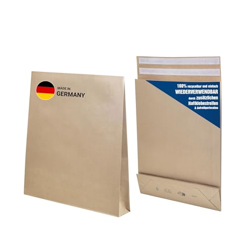 e-Green Faltentasche 570x450x100 mm (100 Stück), haftklebende Faltentaschen mit Klotzboden und Seitenfalte,wiederverwendbare Versandtaschen aus 100% FSC zertifiziertem Kraftpapier, 120g/m von e-Green PACKAGING BY BONG