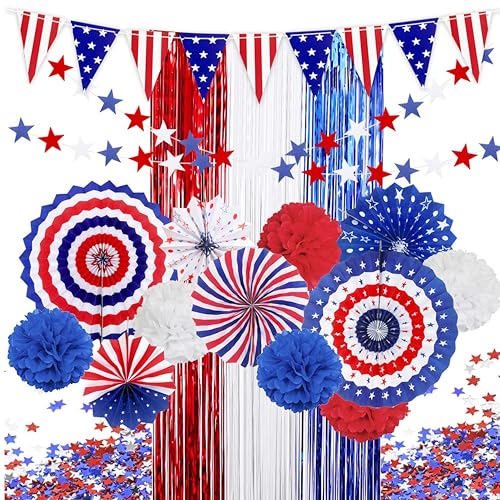 eBotuik - USA Patriotische Party Dekorationen Set - Rot Weiß Blau Wimpelkette Papierfächer Wimpelkette Konfetti & Tür Drop - 4. Juli Unabhängigkeitstag - Gedenktag Dekor von eBoutik