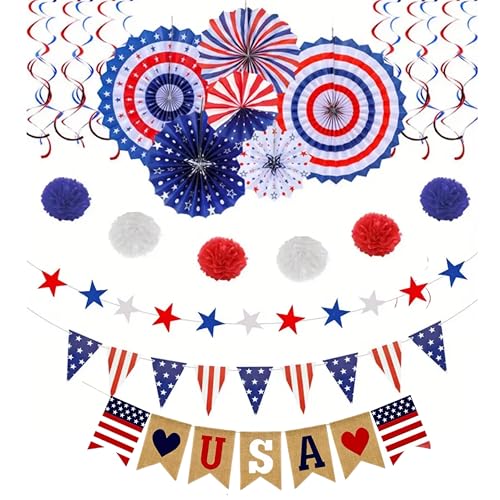 eBoutik - Amerikanische patriotische Party-Dekorationsset – rote, weiße und blaue Wimpelkette mit Papierfächern, Jute-Wimpelkette, USA-Unabhängigkeitstag-Dekoration, 4. Juli von eBoutik