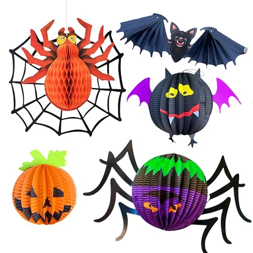 eBoutik - Neuheit Packung mit 5 Halloween-Party-Dekorationen – Wabenfledermäuse, Spinnen, Kürbisse, Papier-Pom-Poms, Dekoration für Kinder, Heimpartys oder Süßigkeiten-Zubehör eBoutik - Neuheit Packung mit 5 Halloween-Party-Dekorationen – Wabenfledermäuse, Spinnen, Kürbisse, Papier-Pom-Poms, Dekoration für Kinder, Heimpartys oder Süßigkeiten-Zubehör von eBoutik