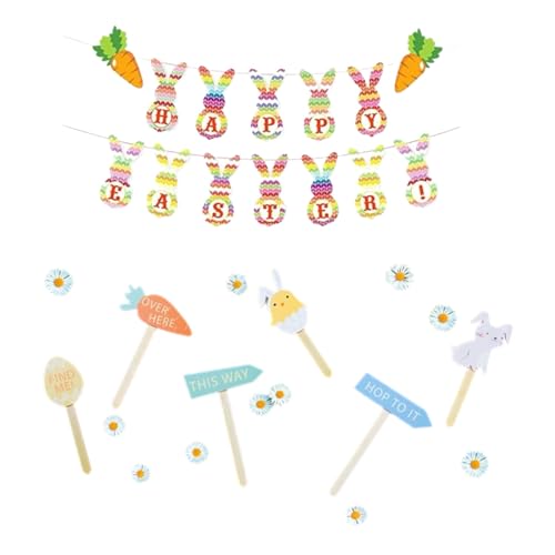 eBoutik Ostereiersuche-Schilder und Wimpelkette, Gartendekorationspaket, Hasen- und Ei-Rasenpfähle, bunte Dekoration für Kinder, Frühlingsparty-Requisiten mit Happy Easter Wimpelkette von eBoutik