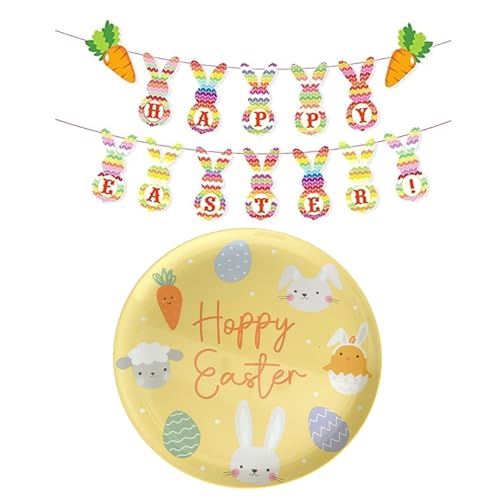 eBoutik - Ostern Party Dekoration Set, Frühling "Happy Easter" Wimpelkette Banner für Fotohintergrund, Gartenjagd Supplies für Kinder Mahlzeit-Partys - Teller & Wimpelkette von eBoutik