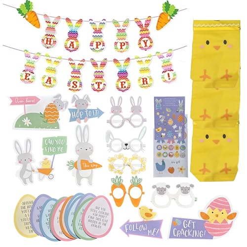 eBoutik - Ostern Party Dekoration Set, Frühling "Happy Easter" Wimpelkette Banner für Fotohintergrund, Gartenjagdbedarf für Kinderpartys (Ostereiersuche Requisiten, Geschenktüten & Wimpelkette) von eBoutik