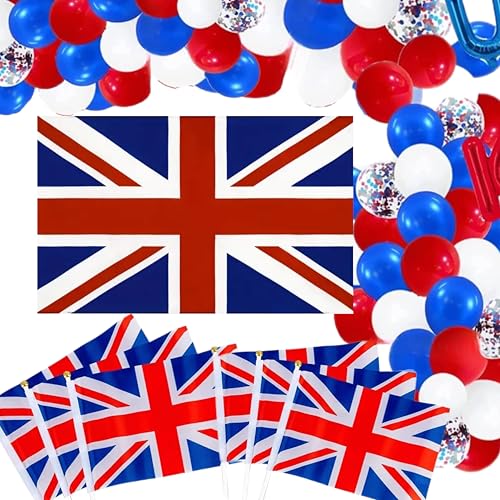 eBoutik VE Day Party-Dekorationsset zum 80. Hochzeitstag, große Union Jack-Flagge, 10 Handflaggen und rote, weiß-blaue Luftballons für britische Partys von eBoutik