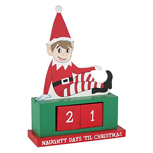 eBuyGB Elfe sitzend auf einem Regal Holz Advent Calendar-Christmas Weihnachts wiederverwendbar DIY Countdown, 12 x 6,5 x 5 cm von eBuyGB