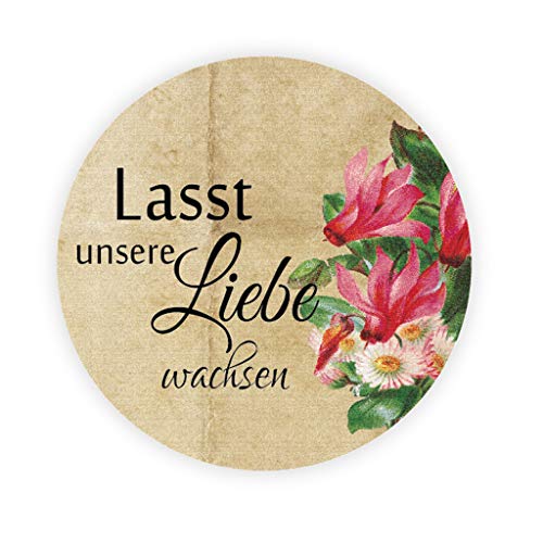 100 Stk Lasst unsere Liebe wachsen Aufkleber - Old Fahsioned Letter Effekt Stickers - Liebe Saat Hochzeitssticker, 4cm Runde Blumensamen Etiketten für die Hochzeit,Taufe,Gastgeschenk,Tüten - UNI 307 von eKunSTreet