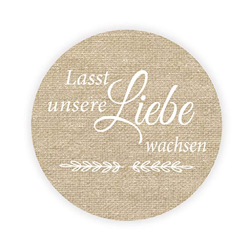 100 Stk Lasst unsere Liebe wachsen Aufkleber - VINTAGE style Burlap Effekt Stickers - Liebe Saat Hochzeitssticker, 4cm Runde Blumensamen Etiketten für die Hochzeit,Taufe,Gastgeschenk,Tüten - UNI 720 von eKunSTreet