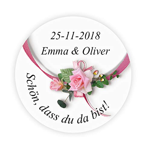 48 Stück personalisiert Rose und Band Hochzeitssticker - Schön, dass du da bist! Aufkleber - 4 cm Papieraufkleber Etiketten für Rustic Hochzeit,Gastgeschenk,Keksdosen,Tischdeko,Tüten,Briefen - Rd 174 von eKunSTreet