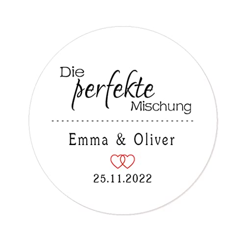 48x 'Die perfekte Mischung' Aufkleber PERSONALISIERT 40mm runde Papieraufkleber Hochzeitssticker Etiketten für Hochzeit,Engagement,Gastgeschenk,Tischdeko,Flaschen,Tüten,Briefen - Rd 197 (Weiß) von eKunSTreet