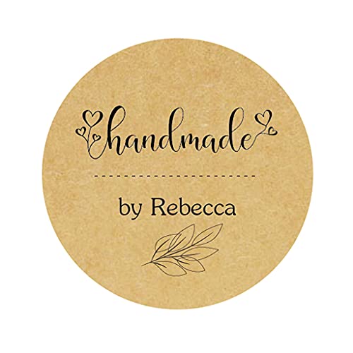 48x PERSONALISIERT Handmade Sticker - 'Handmade by' Aufkleber - 40mm Runde Papieraufkleber Selbstgemacht Etiketten für Hochzeit,Weihnachten,Geschäft,Gastgeschenk,Tüten,Selbstbacken - Rd 506 (Kraft) von eKunSTreet