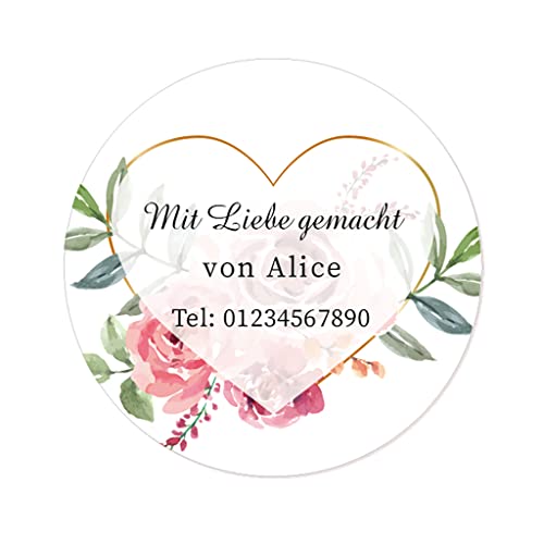 50 Aufkleber PERSONALISIERT Mit Liebe gemacht handgemacht Selbstgemacht Geschenk Etiketten Rosenblüte 40mm rund für Hochzeit,Taufe,Geschäft,Gastgeschenk,Tüten,Weihnachten - Rd 515 (002) von eKunSTreet