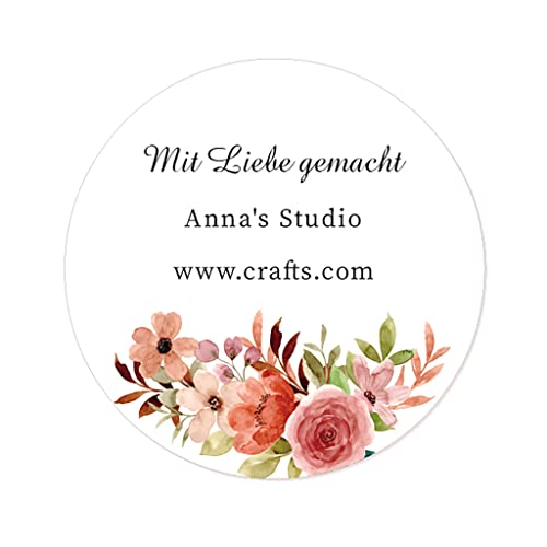 50 Aufkleber PERSONALISIERT Mit Liebe gemacht handgemacht Selbstgemacht Geschenk Etiketten Rosenblüte 40mm rund für Hochzeit,Taufe,Geschäft,Gastgeschenk,Tüten,Weihnachten - Rd 515 (003) von eKunSTreet