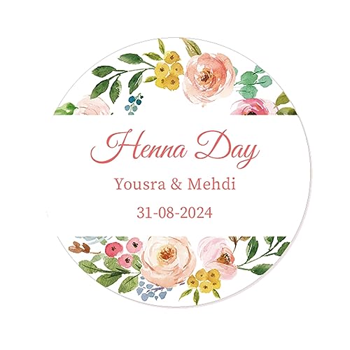 50 Henna Day Sticker PERSONALISIERT Hochzeit Aufkleber Mehndi Hochzeitsaufkleber Etiketten 40mm Rund für Gastgeschenke - Rd013 (003) von eKunSTreet