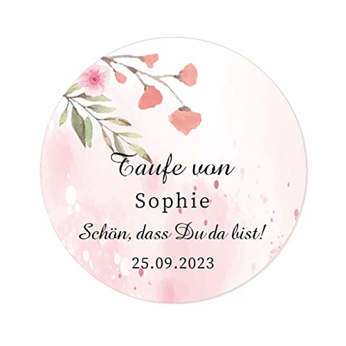 50 PERSONALISIERT 40mm Blume Aufkleber zur Taufe/Geburtstag/Kommunion Sticker Siegel - Schön, dass du da bist! Gastgeschenke Tüten Aufkleber für Hochzeit,Verlobung,Konfirmation - Rd 064 (001) von eKunSTreet