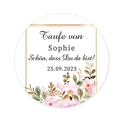 50 PERSONALISIERT 40mm Blume Aufkleber zur Taufe/Geburtstag/Kommunion Sticker Siegel - Schön, dass du da bist! Gastgeschenke Tüten Aufkleber für Hochzeit,Verlobung,Konfirmation - Rd 064 (003) von eKunSTreet