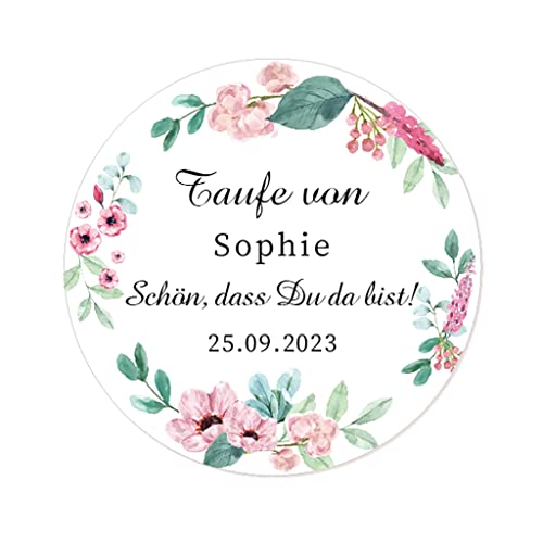 50 PERSONALISIERT 40mm Blume Aufkleber zur Taufe/Geburtstag/Kommunion Sticker Siegel - Schön, dass du da bist! Gastgeschenke Tüten Aufkleber für Hochzeit,Verlobung,Konfirmation - Rd 064 (004) von eKunSTreet