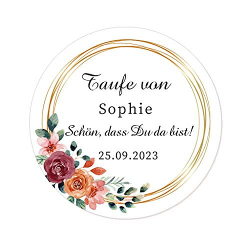 50 PERSONALISIERT 40mm Blume Aufkleber zur Taufe/Geburtstag/Kommunion Sticker Siegel - Schön, dass du da bist! Gastgeschenke Tüten Aufkleber für Hochzeit,Verlobung,Konfirmation - Rd 064 (006) von eKunSTreet