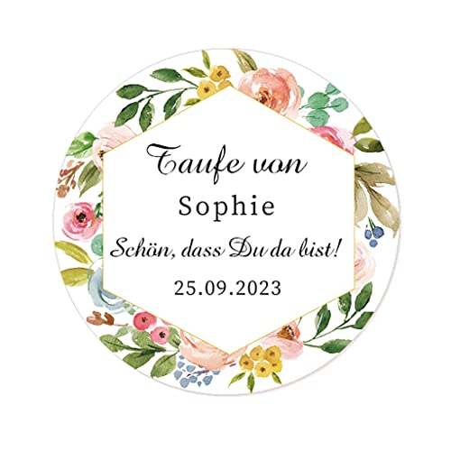 50 PERSONALISIERT 40mm Blume Aufkleber zur Taufe/Geburtstag/Kommunion Sticker Siegel - Schön, dass du da bist! Gastgeschenke Tüten Aufkleber für Hochzeit,Verlobung,Konfirmation - Rd 064 (007) von eKunSTreet