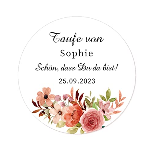 50 PERSONALISIERT 40mm Blume Aufkleber zur Taufe/Geburtstag/Kommunion Sticker Siegel - Schön, dass du da bist! Gastgeschenke Tüten Aufkleber für Hochzeit,Verlobung,Konfirmation - Rd 064 (008) von eKunSTreet